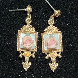 Vintage earrings, gold with enamel, crystal accents and clay flowers